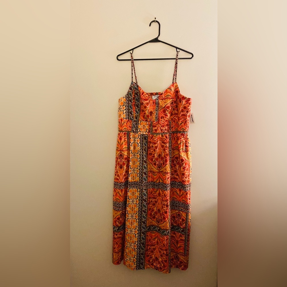 Old Navy NWT Boho Women’s Multicolored Waist Defined MIDI Strap Sun Dress Size L